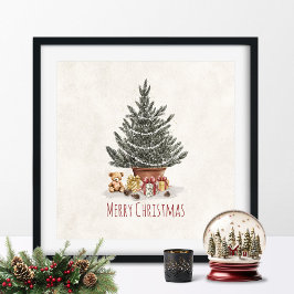 Póster Christmas Tree With Gifts and Teddy Bear Print