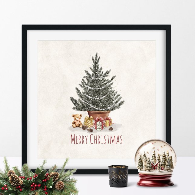 Póster Christmas Tree With Gifts and Teddy Bear Print (Christmas Tree Wall Art)