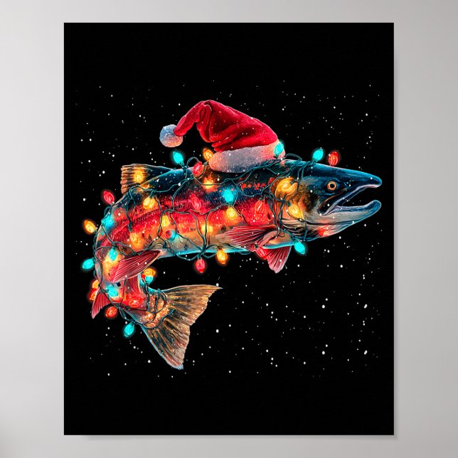 Póster Christmas Trout Fish Funny Fishing Santa Hat Light (Frente)