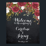 Póster Christmas wedding sign red welcome chalkboard<br><div class="desc">Lovely chalkboard effect background sign with watercolour red and white Christmas florals. A great way to welcome guests to your winter wedding. Change the text/font/text colour to suit you!</div>