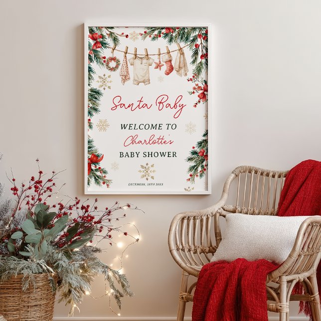 Póster  Christmas Winter Clothesline Santa Baby Shower (Christmas Winter Clothesline Santa Baby Shower Poster)