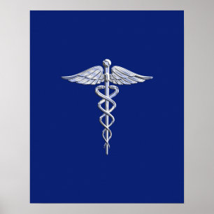 Póster Chrome como Caduceus Símbolo médico Navy Deco azul