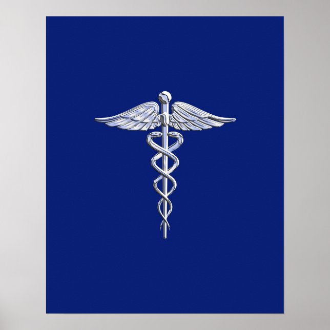 Póster Chrome como Caduceus Símbolo médico Navy Deco azul (Frente)
