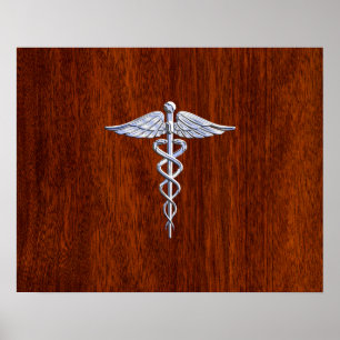Póster Chrome como símbolo médico de Caduceus Mahogany Br