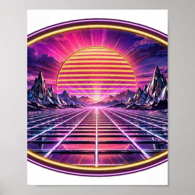 Póster Chrome Horizon — Atardecer Retro Synthwave (Frente)