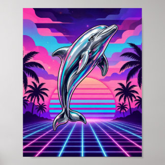 Póster Chrome Vaporwave Dolphin Retro Atardecer