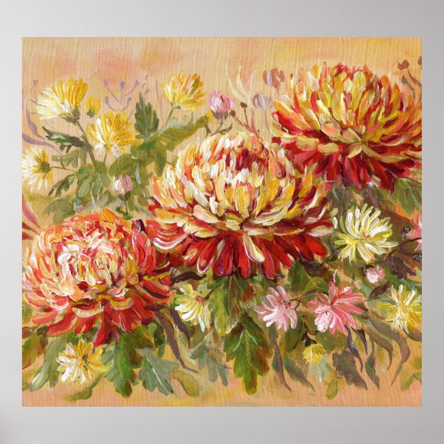 Póster Chrysanthemum Meadow: Pintura de mano acrílica. (Frente)