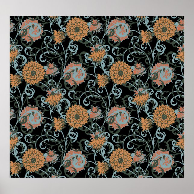 Póster Chrysanthemums Fondo negro, Vintage floral. (Frente)