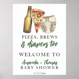 Póster Chupito de cerveza, pizza y pañal baby shower