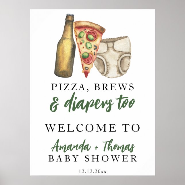 Póster Chupito de cerveza, pizza y pañal baby shower (Frente)