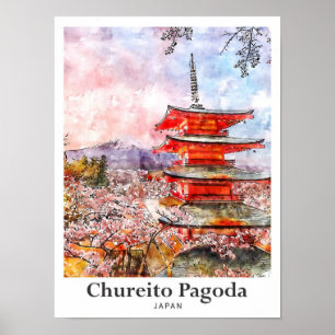 Póster Chureito Pagoda Japón Trayectoria de color de agua