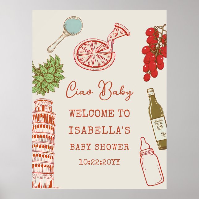 Póster Ciao Baby Line Art Italian Pizza Baby Shower (Frente)