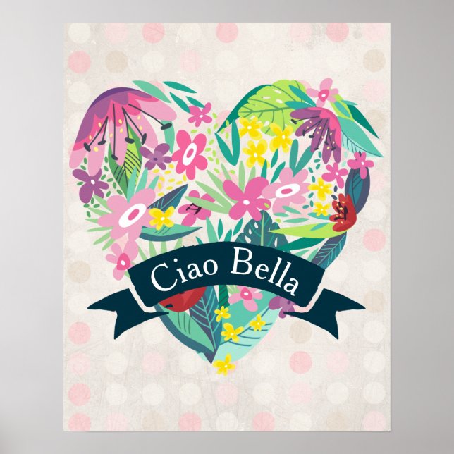 Póster Ciao Bella cute corazón floral en círculos rosados (Frente)