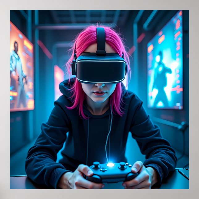 Póster "Ciber gamer futurista con AR Visor AI (Frente)