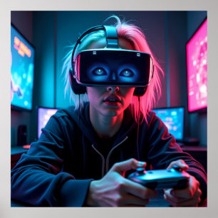 Póster Ciber gamer futurista con AR Visor AI