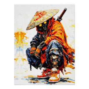 Póster Ciber Samurái Paleta Cuchillo Neon Naranja Impasto