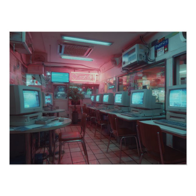 Póster Cibercafé Neon con Monitores Retro (Anverso)
