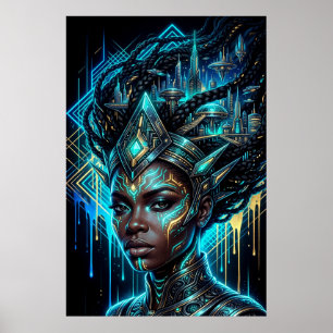 Póster Ciberpunk Afrofuturismo Ciudad Neon Reina Negra