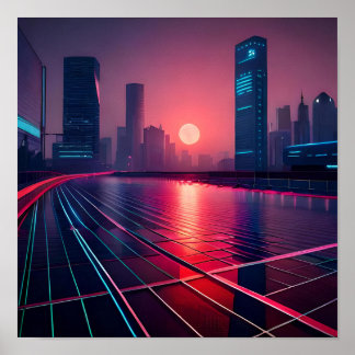Póster ciberpunk de la ciudad en poster de campo