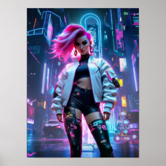 Póster Ciberpunk hermosa mujer en futura ciudad