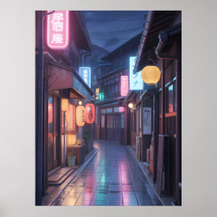 Póster Ciberpunk Japón calle paisaje urbano neón Anime mo