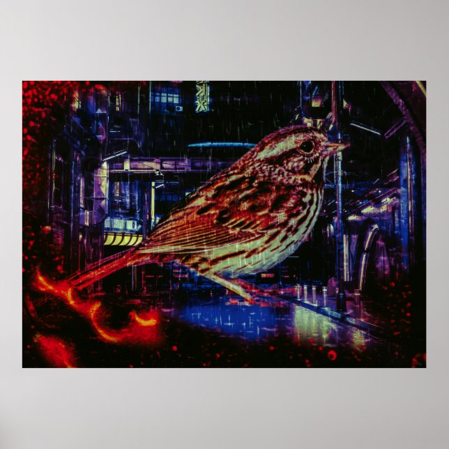Póster Ciberpunk Sparrow en Neon Cityscape (Frente)