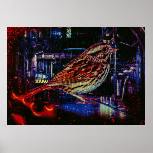 Póster Ciberpunk Sparrow en Neon Cityscape