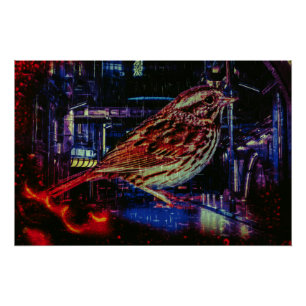 Póster Ciberpunk Sparrow en Neon Cityscape