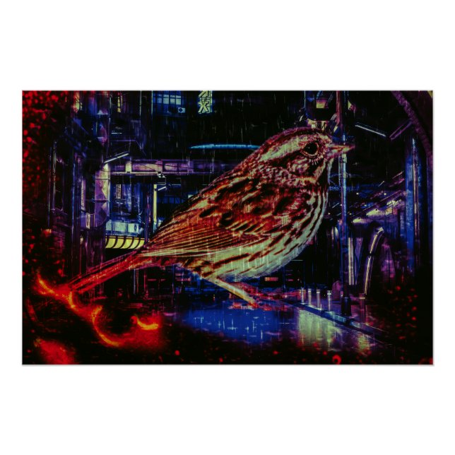 Póster Ciberpunk Sparrow en Neon Cityscape (Anverso)