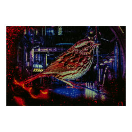 Póster Ciberpunk Sparrow en Neon Cityscape