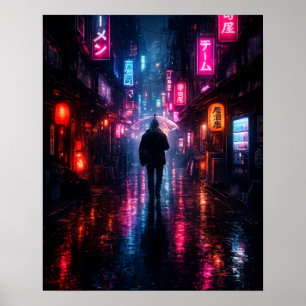 Póster Ciberpunk Tokio Calle Lluvia Neon Japonés