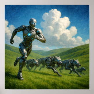 Póster Ciborgues y Lobos Robóticos Corriendo