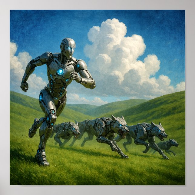 Póster Ciborgues y Lobos Robóticos Corriendo (Frente)
