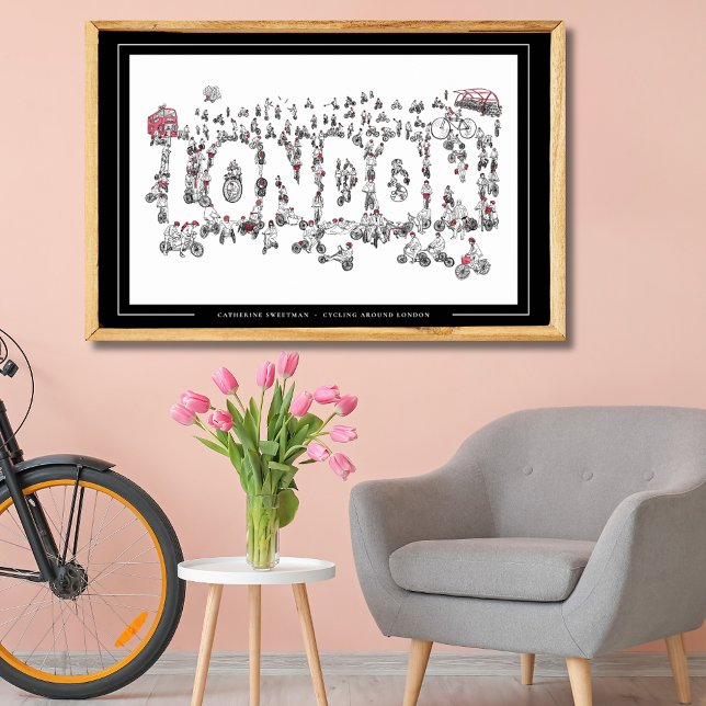 Póster Ciclismo en bicicleta por Londres Line Art (Cycling bicycles around london minimalist line art black and white poster for cyclists)