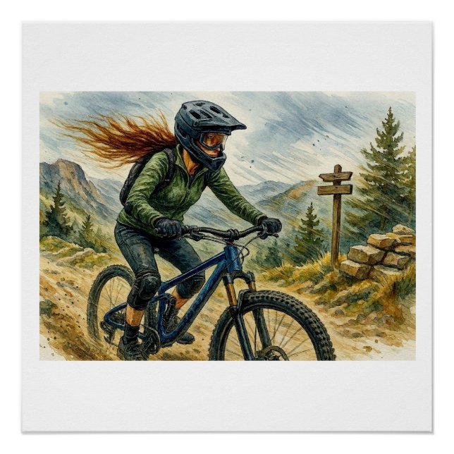 Póster Ciclista de montaña en un sendero,  (Anverso)
