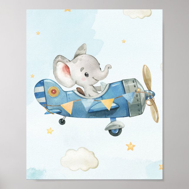 Póster Cielo azul del avión Cute Elephant (Frente)