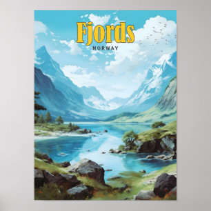 Póster Cielo azul en fiordos Noruega Viajes de época