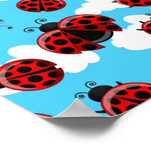 Póster Cielo Azul Nubes Blancas Mariquita Roja Escarabajo
