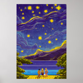 Póster Cielo de paisaje nocturno tranquilo, estrellas, pi