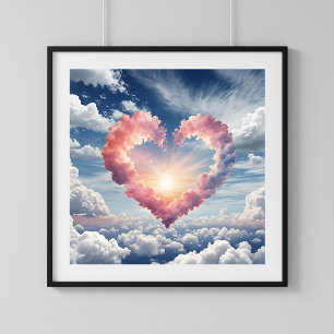 Póster Cielo Hermoso de Acuarela con Corazón y Nubes 