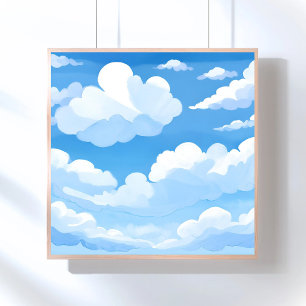 Póster Cielo Lleno de Nubes   Pintura de Cielo Azul Acuar