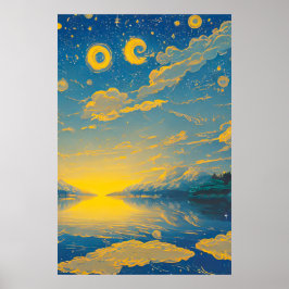 Póster Cielo mágico, estrellas, nubes, lago, pintura retr