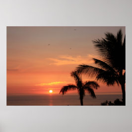 Póster Cielo naranja hawaiano al atardecer con pájaros y 