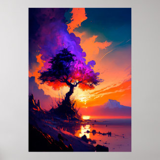 Póster Cielo naranja sobre el agua con árbol morado