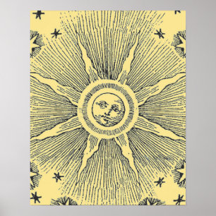 Póster Cielo Nocturno Antiguo Estrellas Sol Zodiaco Medie