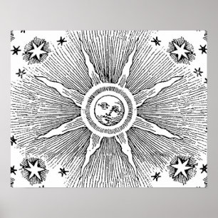 Póster Cielo Nocturno Antiguo Estrellas Sol Zodiaco Medie