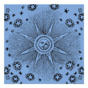 Póster Cielo Nocturno Antiguo Estrellas Sol Zodiaco Medie