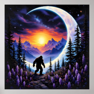 Póster Cielo nocturno colorido Sasquatch Paseo, luna crec