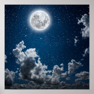 Póster Cielo nocturno con estrellas y luna y nubes