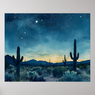 Póster Cielo nocturno del suroeste del desierto con Cacti